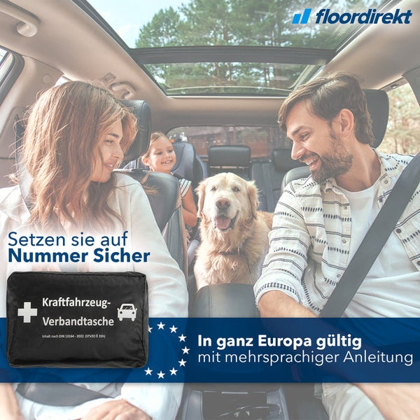 Familie mit Hund im Auto mit Auto-Verbandskasten