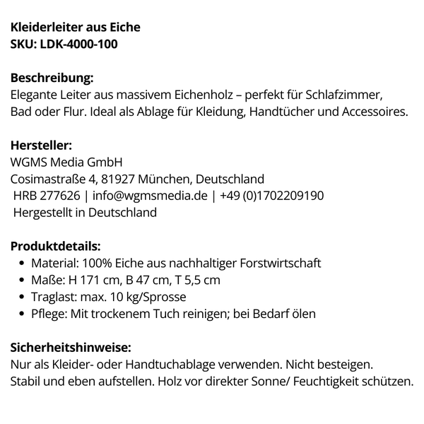 Produktdatenblatt für eine Kleiderleiter aus massivem Eichenholz mit einer Höhe von 171 Zentimetern und einer Breite von 47 Zentimetern.