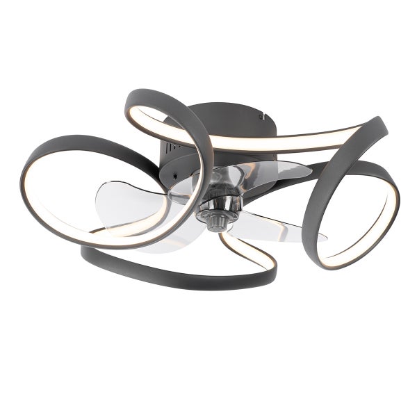 Moderner Deckenventilator mit LED-Beleuchtung, geschwungenen dunkelgrauen Lichtstreifen und transparenten Flügeln.