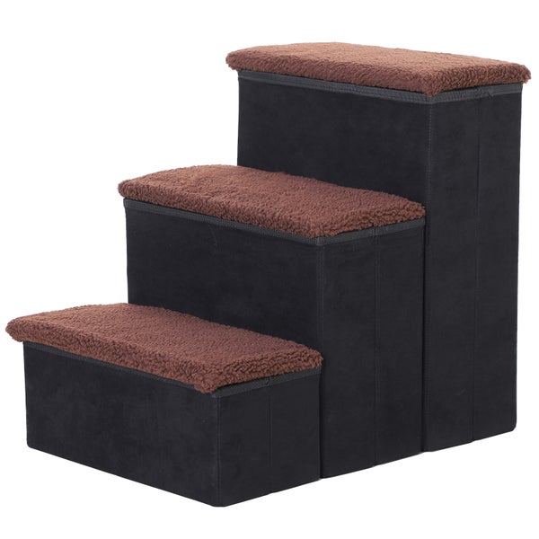 PawHut Haustiertreppe Katzentreppe Hundetreppe Faltbar 3 Stufen Tiertreppe mit Stauraum für Katzen und Hunde MDF Schwarz 40 x 54 x 48 cm