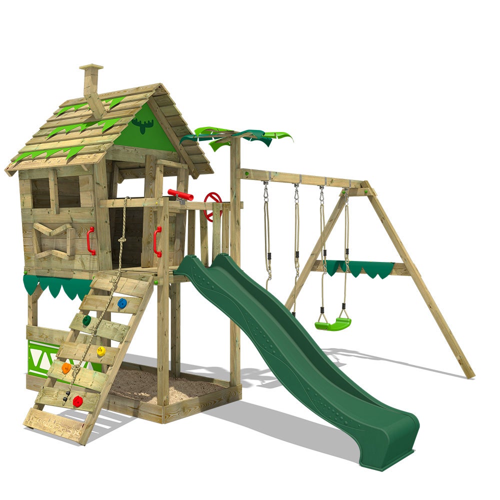 FATMOOSE Spielturm Klettergerüst JungleJumbo mit Schaukel und Rutsche, Kletterturm mit Sandkasten, Leiter und Spiel-Zubehör - grün