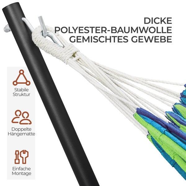 Detailaufnahme einer Hängematte mit Stahlgestell, Seilaufhängung und Hinweisen zu stabiler Struktur, doppelter Hängematte und einfacher Montage.