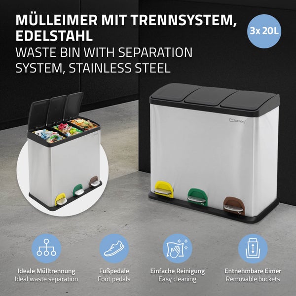 ML-Design Mülleimer Küche 3x 20L (60L), Silber, Mülltrennsystem 3 Fächer, Treteimer zur Mülltrennung, Abfalleimer aus Edelstahl mit Inneneimer aus Kunststoff & Klappdeckel, farblicher Kennzeichnung