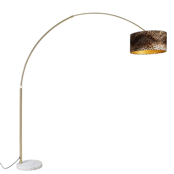 QAZQA - Klassisch I Antik Bogenlampe Messing mit weißem Stoffschirm Leopard 50 cm - XXL I Wohnzimmer I Schlafzimmer - Stahl Länglich - LED geeignet E27