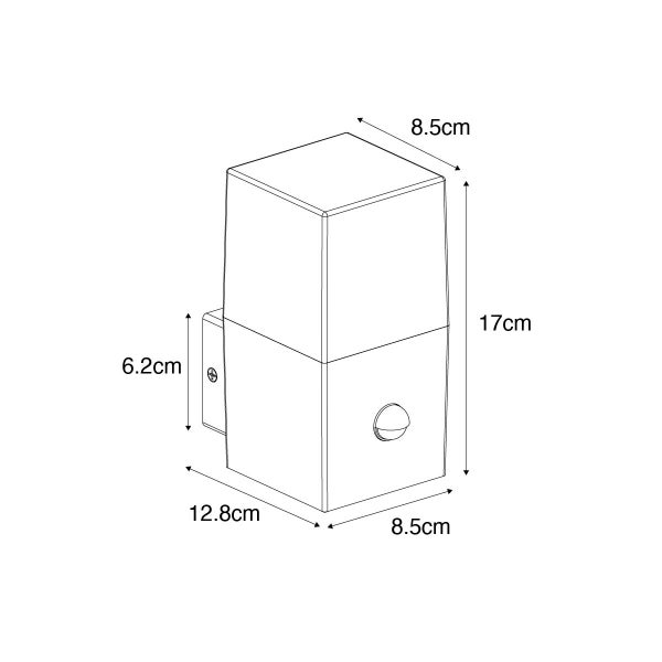 Maßskizze einer Wandleuchte mit Bewegungsmelder: Höhe 17 Zentimeter, Breite 8,5 Zentimeter, Tiefe 12,8 Zentimeter.