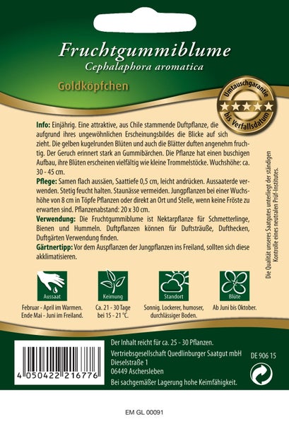 Rückseite der Samentüte für Fruchtgummiblume Goldköpfchen mit Details zu Aussaat, Keimung, Standort, Blüte und Pflegehinweisen.