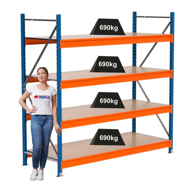 Steckregal mit vier Ebenen und einer maximalen Traglast von 690 Kilogramm pro Ebene.