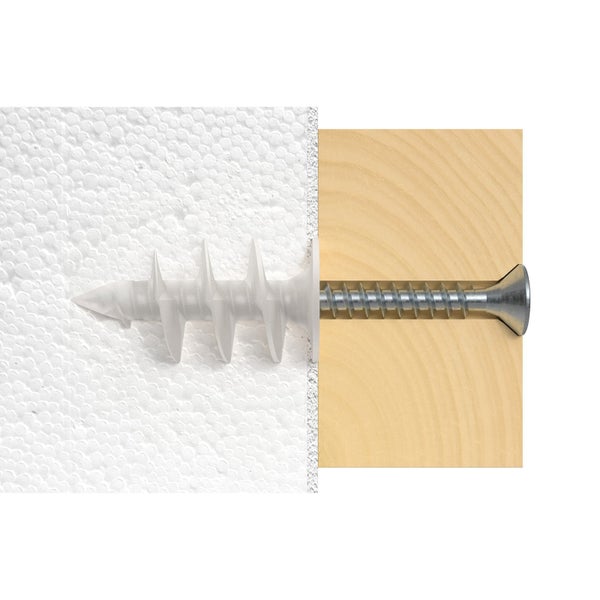 Kunststoffdübel mit Schraube in Dämmstoff und Holz