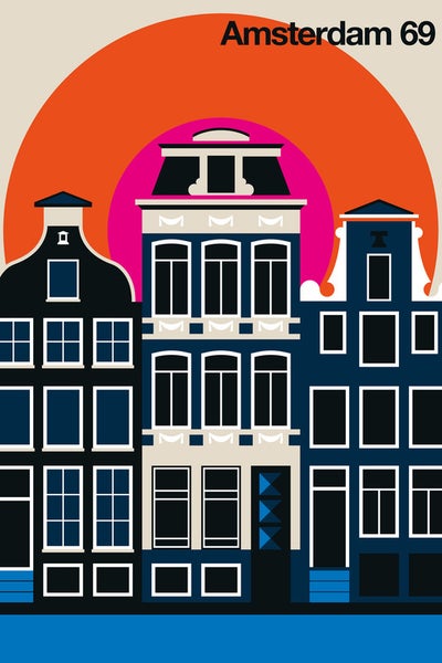 Grafik von Amsterdamer Häusern im Retro Stil