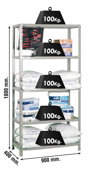 Metallregal mit fünf Fachböden, Tragkraft 100 Kilogramm pro Boden, Maße 1800 mal 900 mal 400 Millimeter.