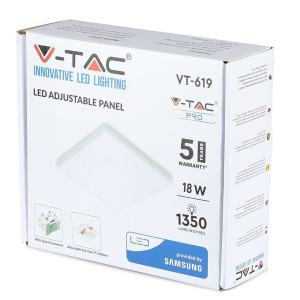 Verpackung einer V-Tac LED-Panel Leuchte mit 5 Jahren Garantie und Samsung LED