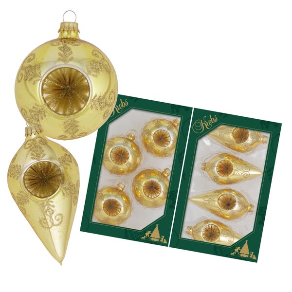 Gold glanz 7cm Reflexkugel und 10cm Reflextropfen aus Glas mundgeblasen und handdekoriert, 8 Stck.