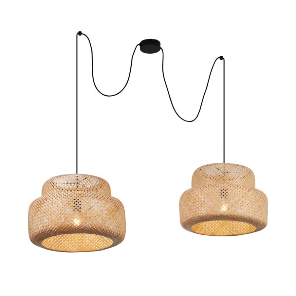 Hängelampe mit zwei Lampenschirmen aus geflochtenem Material