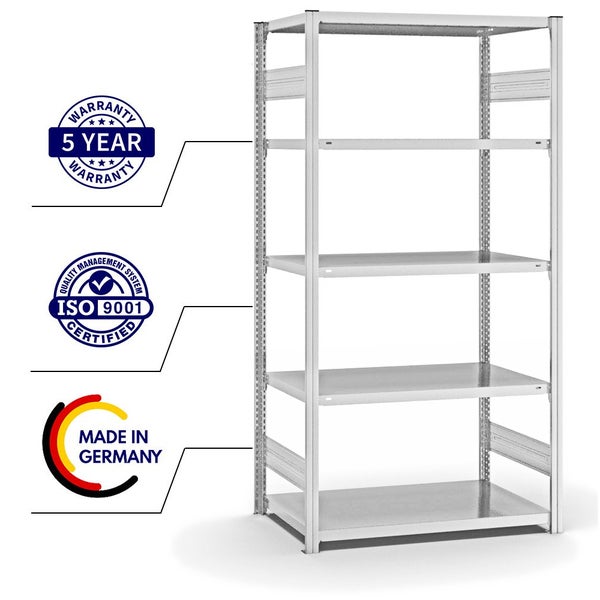 PROREGAL Fachbodenregal Stecksystem T-Profil Medium-Duty Grundregal HxBxT 200 x 100 x 60 cm 5 Ebenen Fachlast 240 kg Beidseitig Nutzbar Lichtgrau