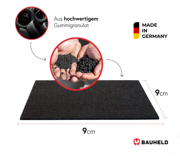 Gummigranulatplatte quadratisch neun mal neun Zentimeter aus hochwertigem Gummigranulat, Made in Germany, Bauheld Logo.