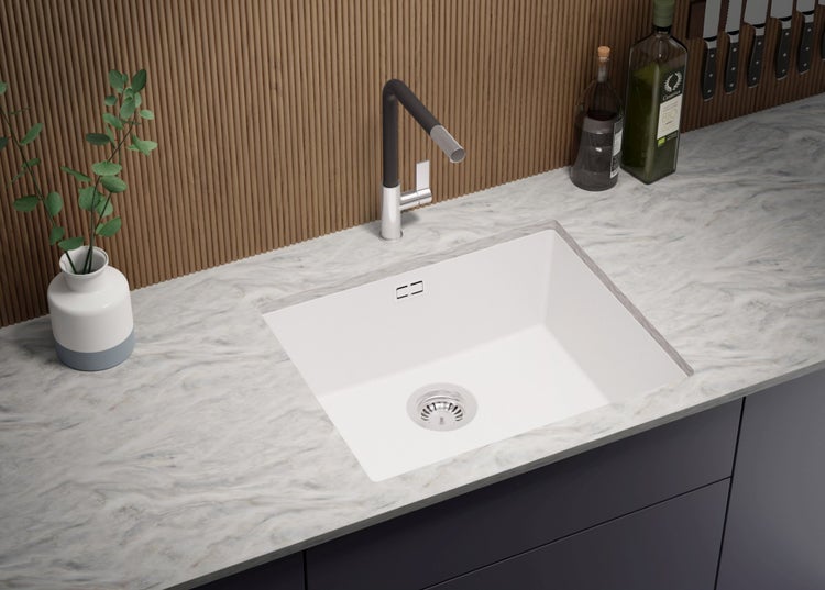 PRIMAGRAN Unterbauspüle Granit Alles Weiß 56x47cm, Spülbecken 1 Becken + Ablauf-Set, Granitspüle ab 60er Unterschrank - London
