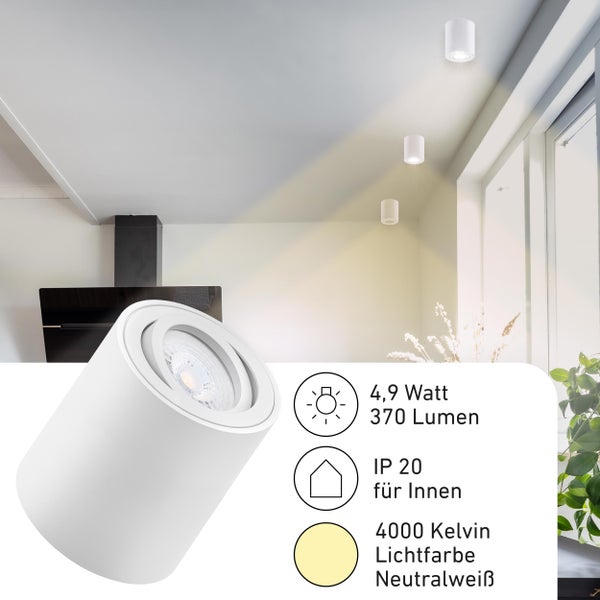 Weißer zylindrischer Aufbaustrahler an Zimmerdecke, 4,9 Watt, 370 Lumen, 4000 Kelvin neutralweißes Licht, IP 20 Schutzklasse für Innenräume.