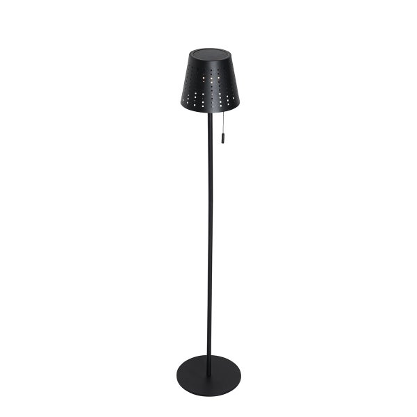 Schwarze Solar-Stehleuchte für den Außenbereich mit gelochtem Schirm und Zugschalter.
