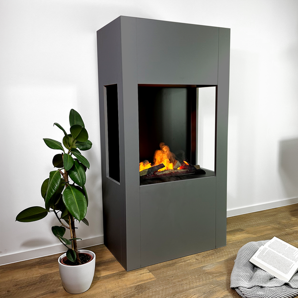 GLOW FIRE Elektrokamin 'Böll'| Wasserdampf Kamin mit OMC 600 inkl. Holz in grau als Raumteiler | HxBxT: 145x54x44 cm