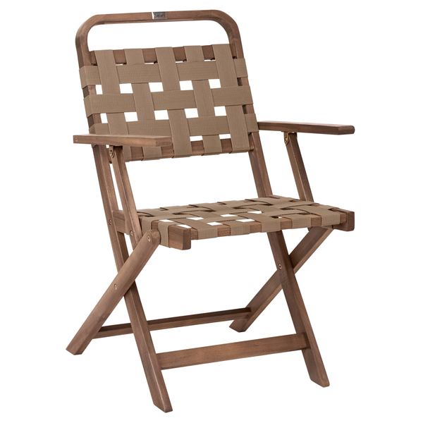 Klappstuhl aus Holz mit geflochtener Sitzfläche und Rückenlehne für den Garten oder Balkon.