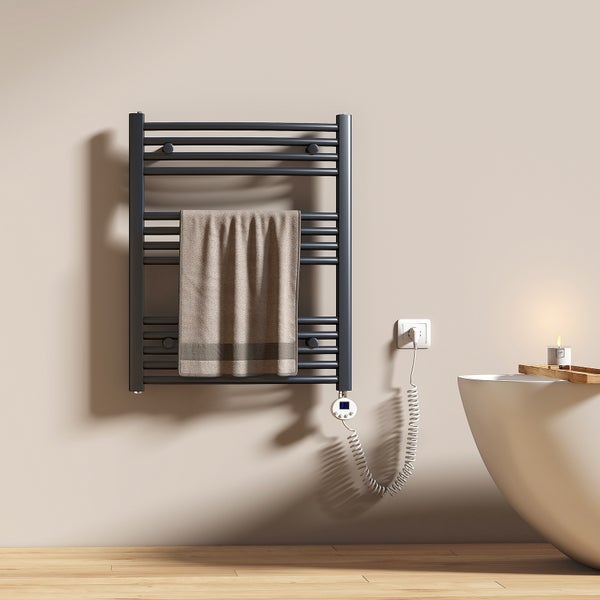 EMKE Elektrischer Badheizkörper 750×600 mm, 300 W, Runder Handtuchwärmer mit Heizstab & Thermostat, Temperaturregelbar & Timer, für Badezimmer, Anthrazit