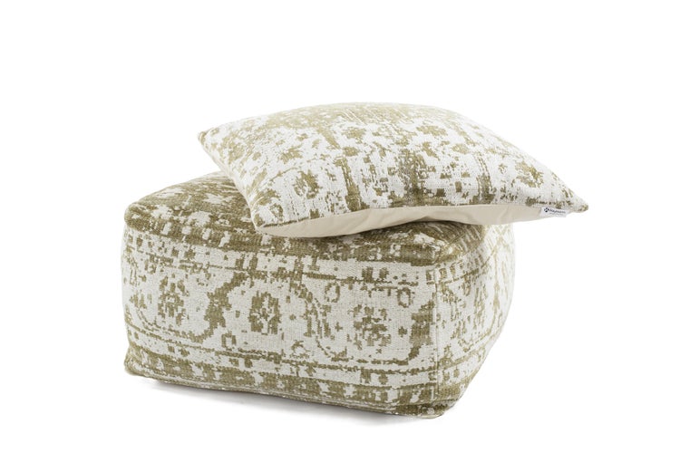 Pouf- Kissen-Set Hocker handgewebt Creme / Oliv 80 cm