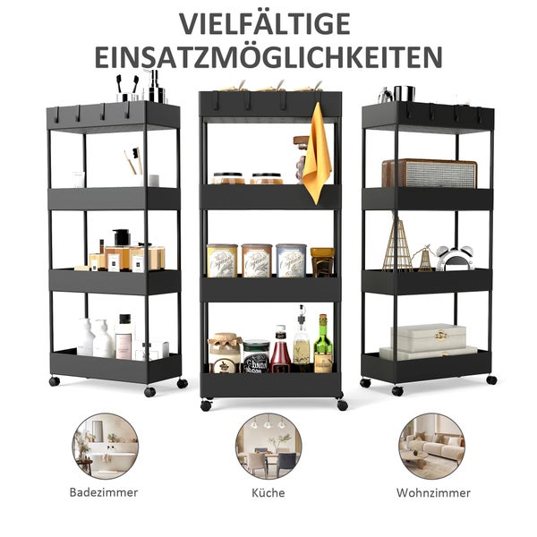 HOMCOM Rollwagen, Küchenwagen mit 4 Ebenen, Aufbewahrungsregal mit Rollen, Servierwagen mit Bremsen, Küchenregal für Schlafzimmer, Küche, Wohnzimmer, Kunststoff, Schwarz, 40 x 19 x 90 cm