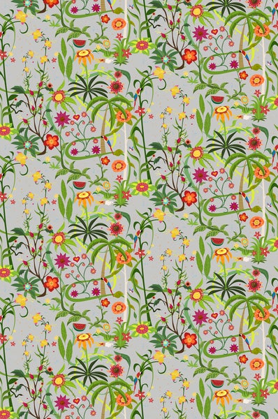 Tropischer Dschungel mit Palmen, Blumen und Papageien als Tapetenmuster