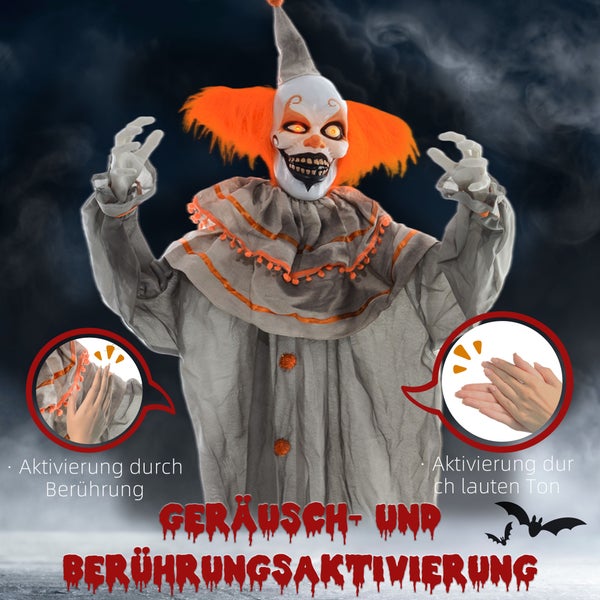 HOMCOM 183cm Halloween Dekoration Stehender Clown mit LED-Lichter, Soundfunktion, Haustür Deko mit verstellbare Arme, Garten Dekofigur in Lebensgröße für Party, Orange+Grau