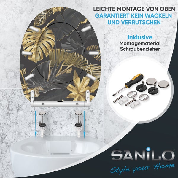 Sanilo WC Sitz mit Blatt Motiv und Montage von oben inklusive Montagematerial und Schraubenzieher.