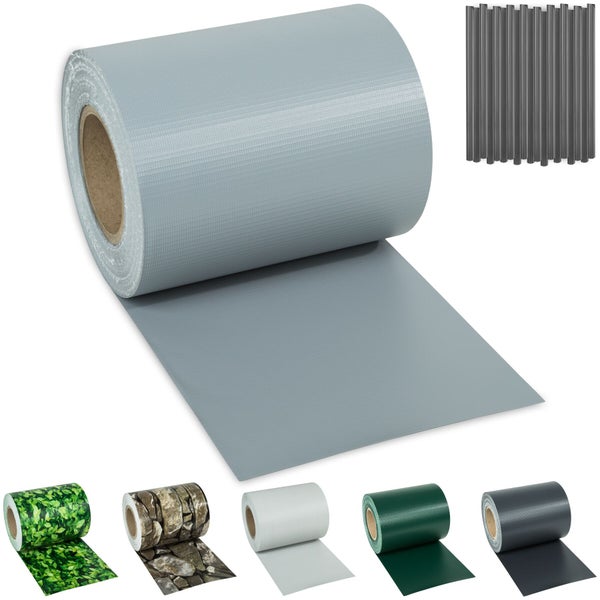 Sichtschutzstreifen für Gittermattenzäune aus Kunststoff, Rollen in Grau, Grün, Anthrazit, Weiß sowie Steinoptik und Blätterdekor.