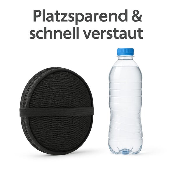 Runde, schwarze Tasche mit Gummiband und Wasserflasche