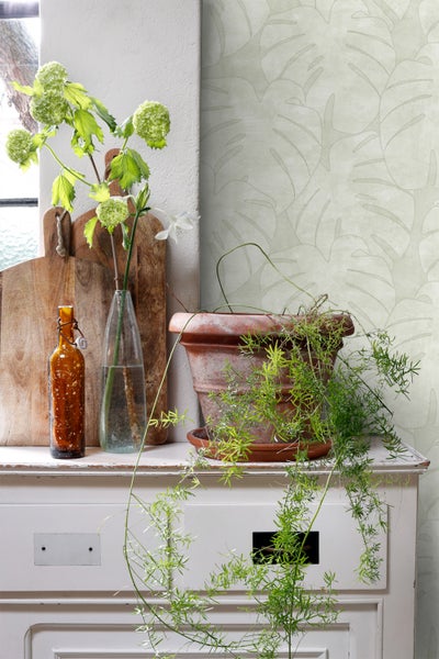 Dekorative Szene mit Pflanze im Topf, Blumen in Vasen, Schneidebrettern und botanischer Tapete.