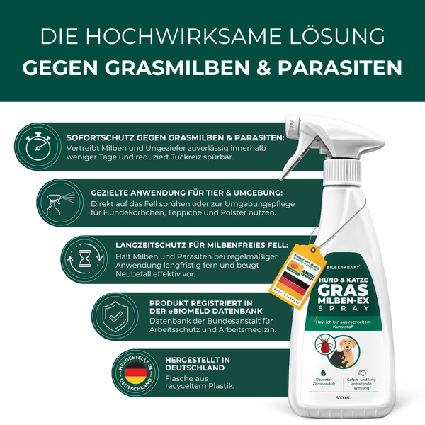 Silberkraft Grasmilben-Ex Spray für Hunde & Katzen 500 ml, effektiver Schutz gegen Gras-Milben, Parasiten & Ungeziefer, lindert Juckreiz, für Fell, Liegeplätze & Umgebung