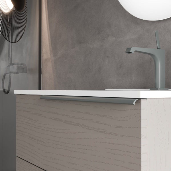 Badmöbelset 80cm mit rundem LED-Spiegel, Holzoptik grau | New York