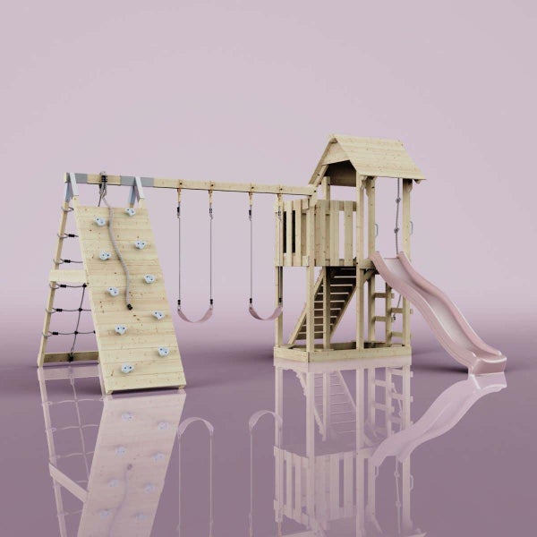 Spielturm aus Holz mit zwei Schaukeln, Rutsche, Kletterwand mit Griffen und Seil sowie Spielhaus mit Dach.