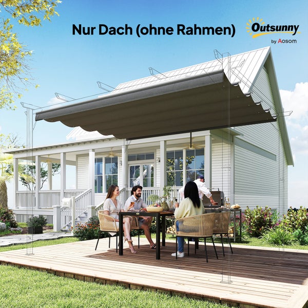 Outsunny Ersatzdach für Pergola auf Holzterrasse mit Essbereich und Grill. Hinweis: Nur Dach ohne Rahmen. Outsunny Logo.
