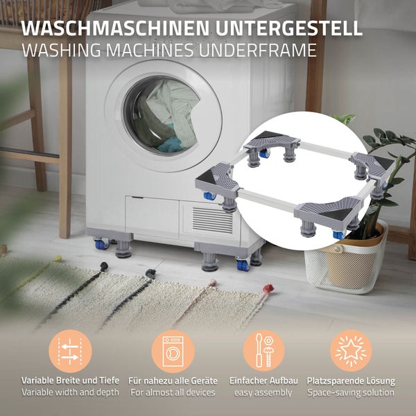 ML-Design Waschmaschinen Untergestell beweglich, Waschmaschinensockel mit 8 Füßen & 4 Räder, verstellbare Sockel Breite 43-66cm, Höhe 10-13cm, Waschmaschine Podest rutschfest für Kühlschrank&Trockner