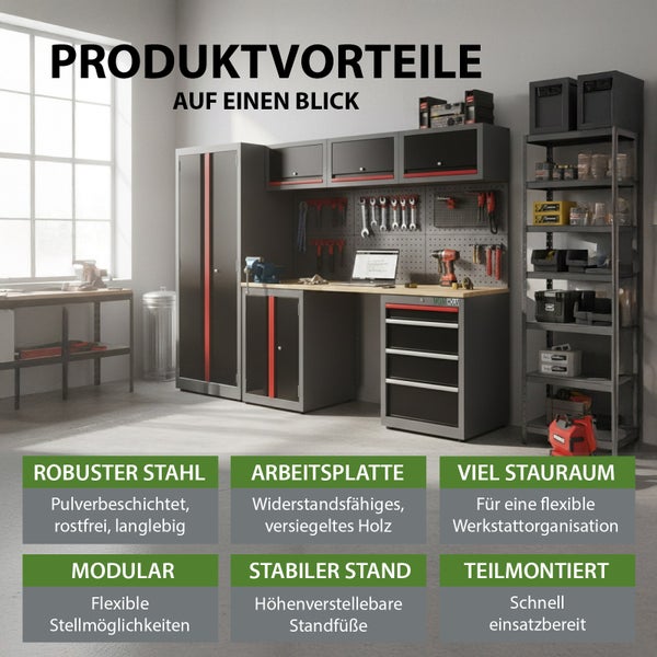 Werkstatteinrichtung mit Werkbank, Werkzeugschrank, Werkzeugwand und Regalen für flexible Werkstattorganisation