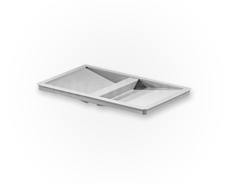 Grauer Kunststoff-Einsatz für Farbwannen mit zwei Fächern.