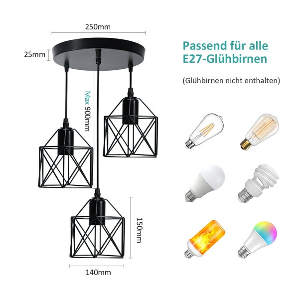 Hängelampe mit E27 Fassung, geeignet für alle E27 Glühbirnen, Abmessungen sind im Bild angegeben, Glühbirnen nicht enthalten