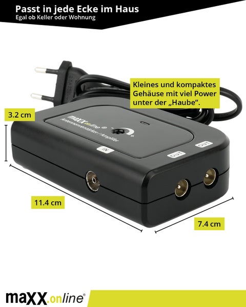 Antennenverstärker mit 2 Ausgängen 2X 20 dB Verstärkung inkl. F-Adapter, 85-1006 MHz, Kabelfernsehen, Kabel Verstärker, Verstärker Wohnung, Wohnungsverstärker