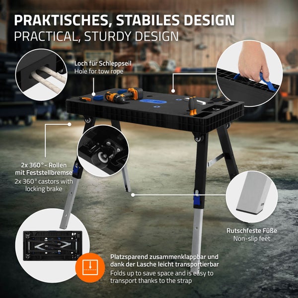 ECD Germany 5 in 1 Multifunktionale Werkbank klappbar, 94x48x80 cm, Mobile Werktisch, 150kg, Arbeitstisch Werkstatt höhenverstellbar, Aufgedruckte Skala & Winkelangaben, Rollwagen Rollbrett Sägebock