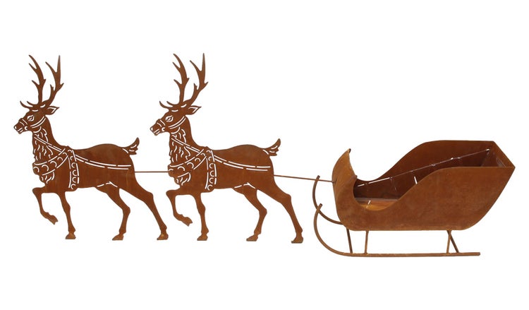 Weihnachtsdekoration aus Edelrost mit zwei Rentieren und einem Schlitten für den Garten