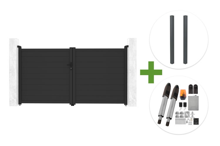 Zweiflügeliges Einfahrtstor Set in Anthrazit inklusive zwei Pfosten und elektrischem Torantrieb.