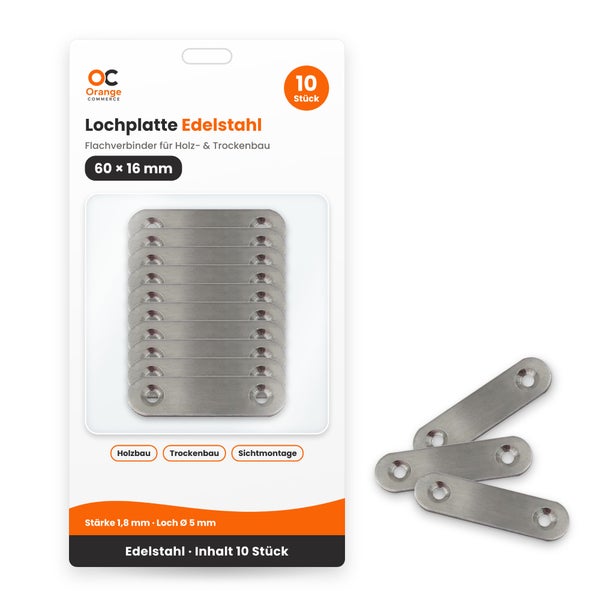 Zehn Edelstahl Lochplatten als Flachverbinder 60 mal 16 Millimeter zur Montage in Holzbau und Trockenbau in der Verkaufsverpackung