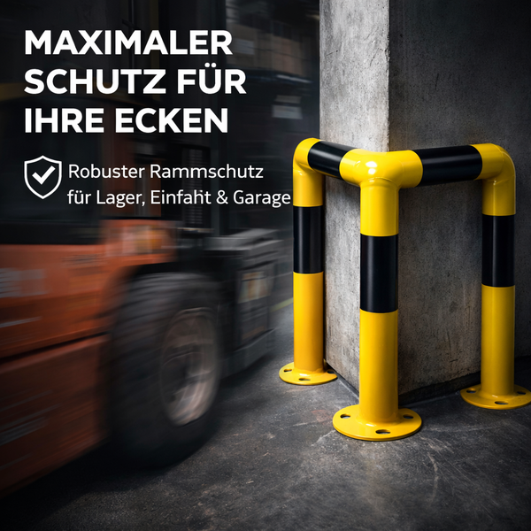 Robuster Rammschutz aus Stahl zum Schutz von Ecken in einem Lager mit einem vorbeifahrenden Gabelstapler.