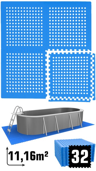 Poolbodenschutzmatten-Set mit 32 gelochten Platten mit Puzzlerand für eine Fläche von 11,16 Quadratmetern unter einem ovalen Pool.