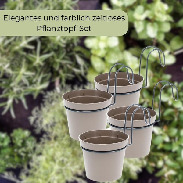 4 x Hängetopf Blumentopf Pflanztopf Set mit Halterung Metall Wandhalterung Haken Aufhängung innen außen Pflanzenhänger Kunststoff