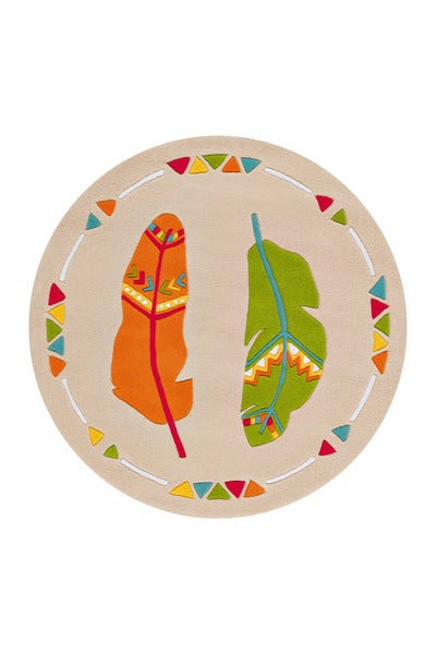 Runder Kinderteppich mit Feder-Motiv im Boho-Stil